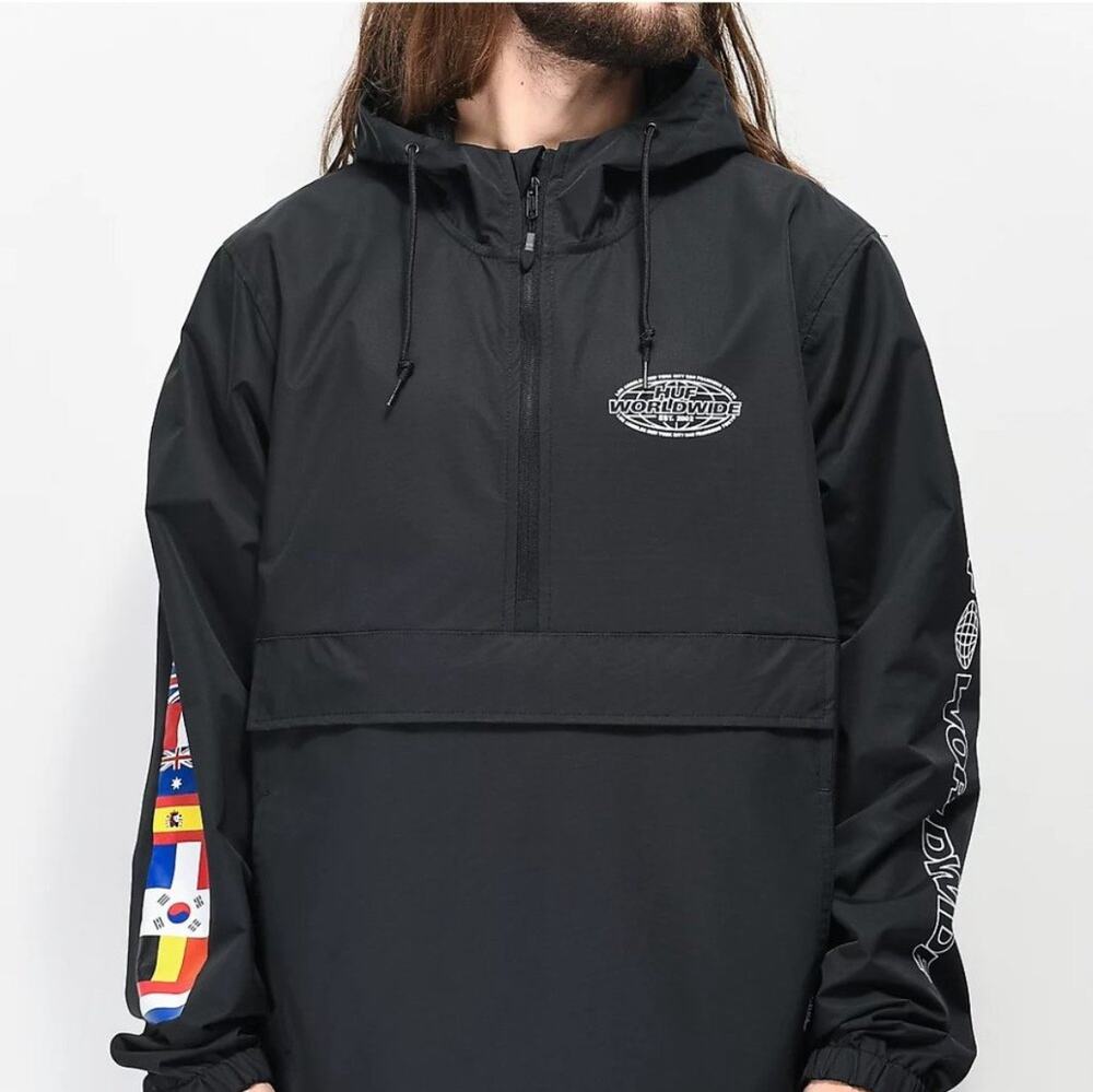 HUF Worldwide Flag Anorak Windbreaker Jacket Black Half Zip Streetwear Large